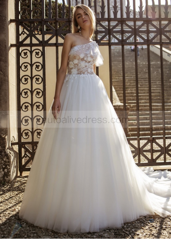 One Shoulder Ivory Floral Tulle Princess Wedding Dress